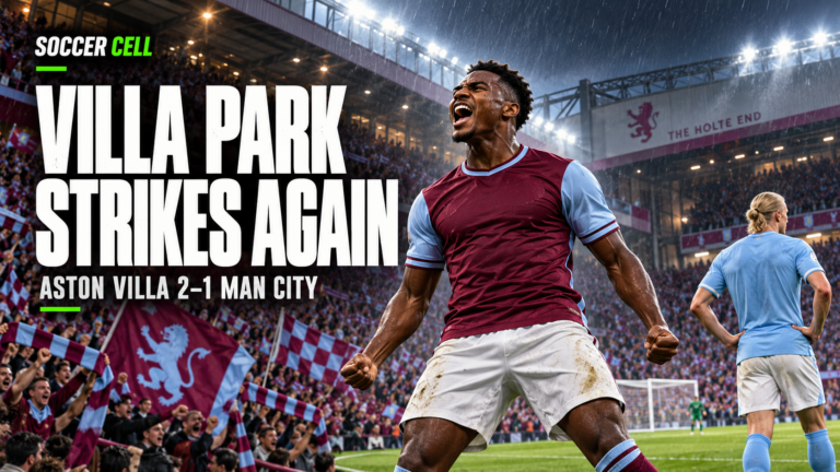 Illustrated Aston Villa striker celebrating beside a Manchester City player, with a packed stadium and the headline Villa Park Strikes Again.
